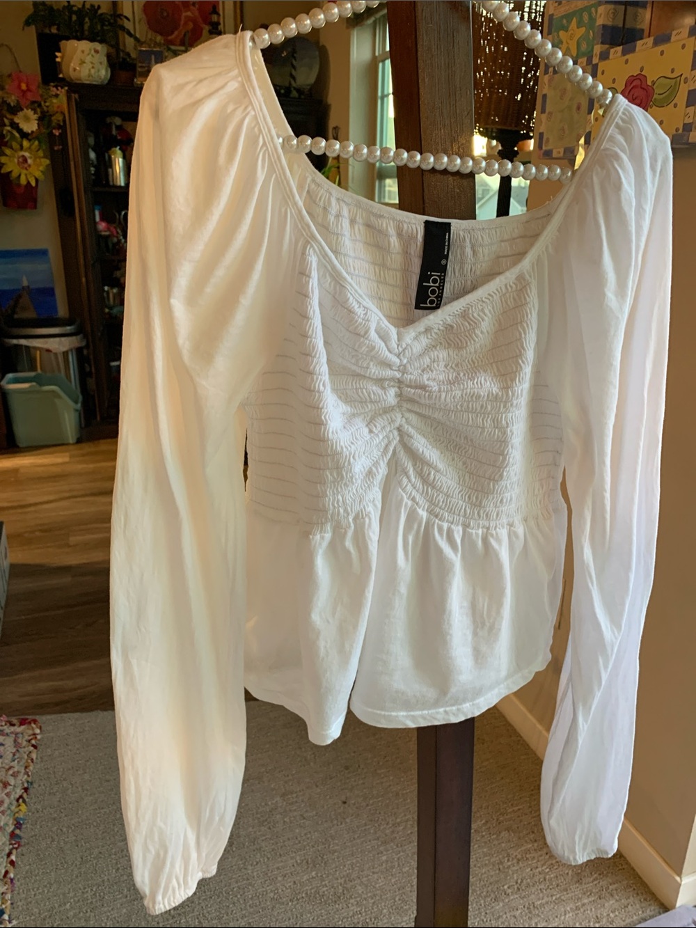 bobi White Smocked Peasant Blouse with Ruched Front Size S